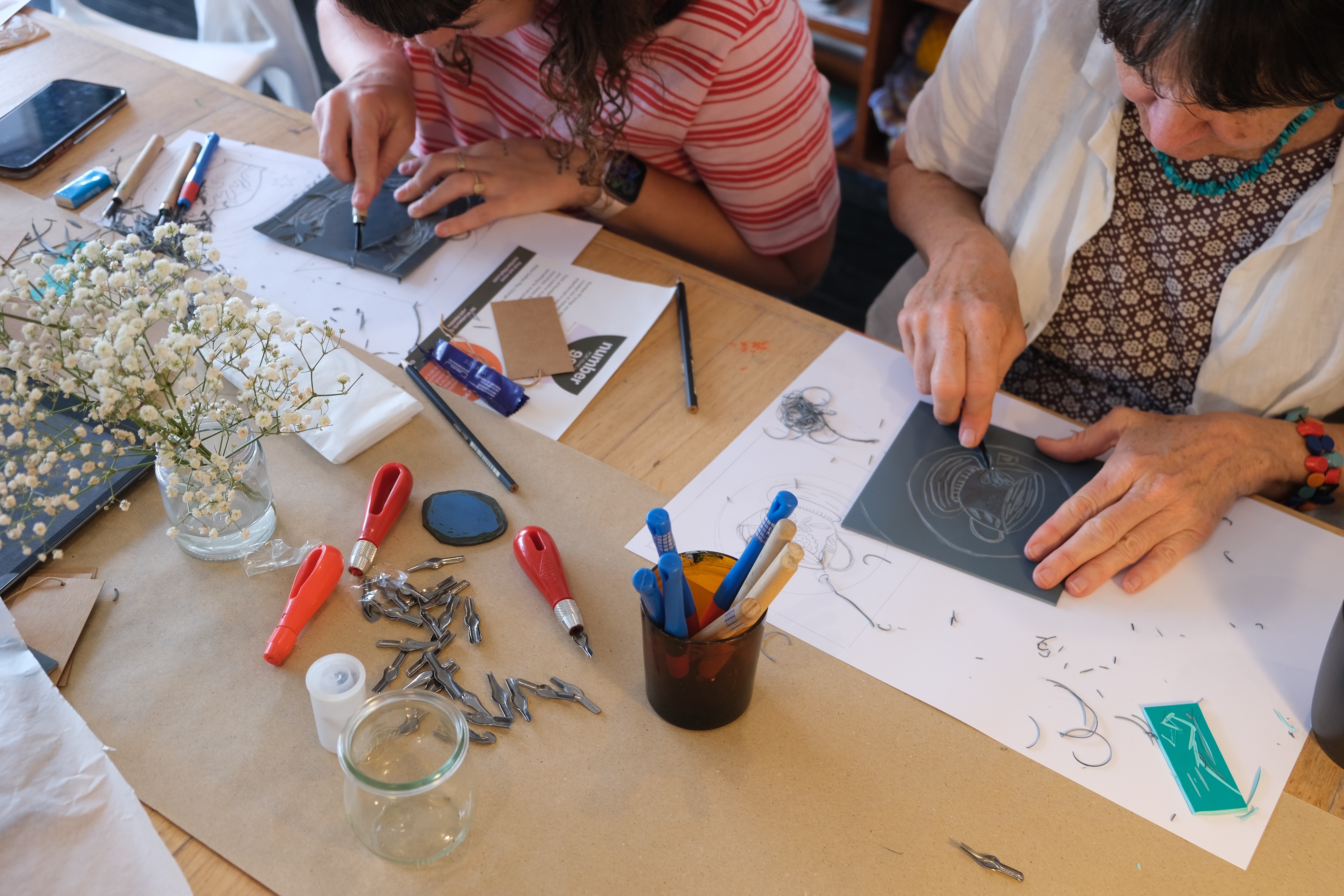 Number 99 Port Kembla, Lino printing class, 2024, Photo: Eleanor McNeill
